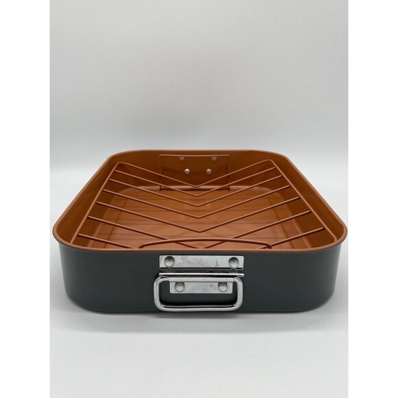 Crofton Nonstick Roasting Pan With Rack 16"x12"x3" Copper & Gray Carbon Steel Di - Picture 6 of 8